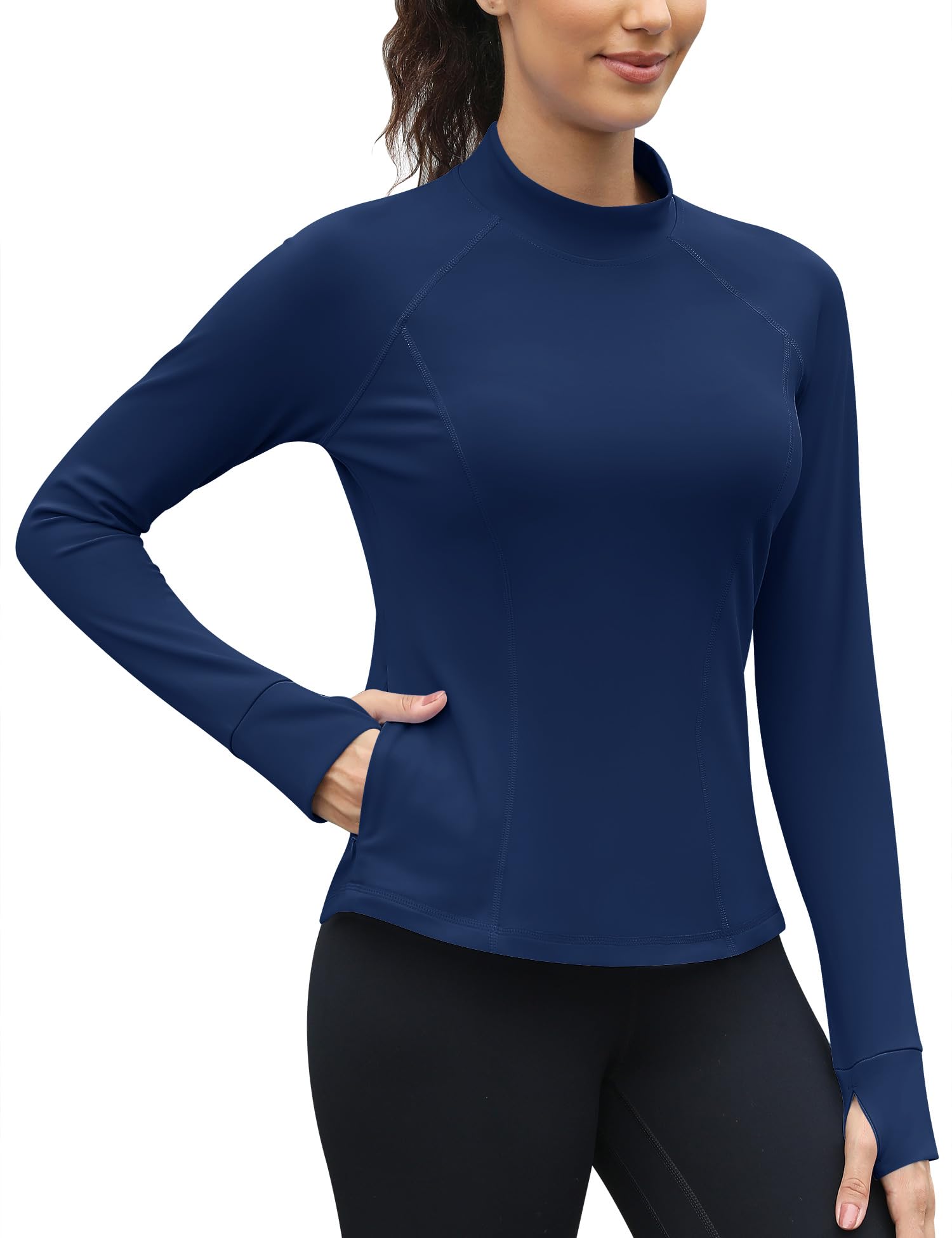 Thermo Shirt Damen Langarm mit Zwei Tasche Fleece Langarmshirt Mockneck Sport Atmungsaktiv Funktionsshirt Long Laufshirt