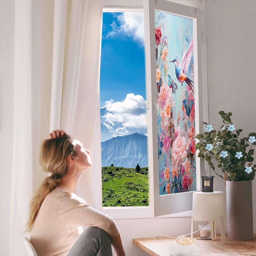 Colorful Hummingbird Privacy Window Film Beautiful Nature Flower Butterfly Wildlife Vintage Stained Glass Window Coverings Adhesive Sticker Frosted Window Film for Home Office Stores 35.4Wx63L inch