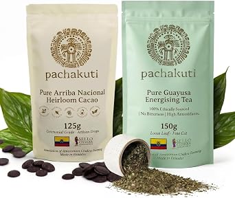 Pachakuti Cacao - Ceremonial Starter Set - 125g Artisan Cacao Drops and 150g Guayusa Loose Leaf Tea - 100% Pure Arriba Nacional Heirloom Source - Ceremonial Grade - Chakra Farmed Ecuadorian Amazon