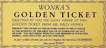 Willy Wonka Golden Ticket Gold Sign Wall Art Charlie Chocolate Factory Aluminum Plaque Christmas Party Home Decoration Gift for Christmas New Year 14x20 CM