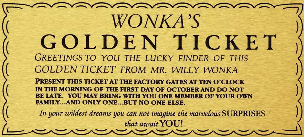 Sylty Willy Wonka Golden Ticket Gold Sign Wall Art Charlie Chocolate 
