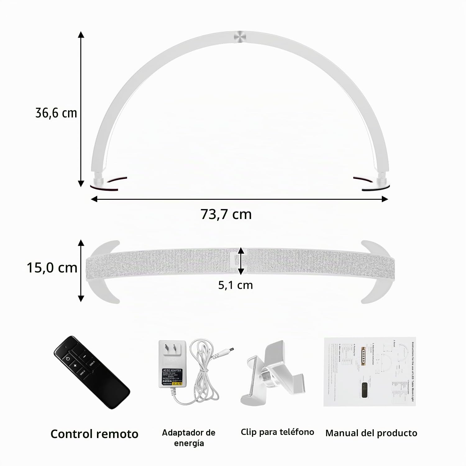 yAyusi Media Luna Lámpara para Uñas con Soporte, 74CM 40W Luz Técnica para Uñas, Lámpara de Mesa para Uñas con Controlador de Cable y Control Remoto, 7 Modos 10 Brillos para Belleza/Pestañas (Blanco)