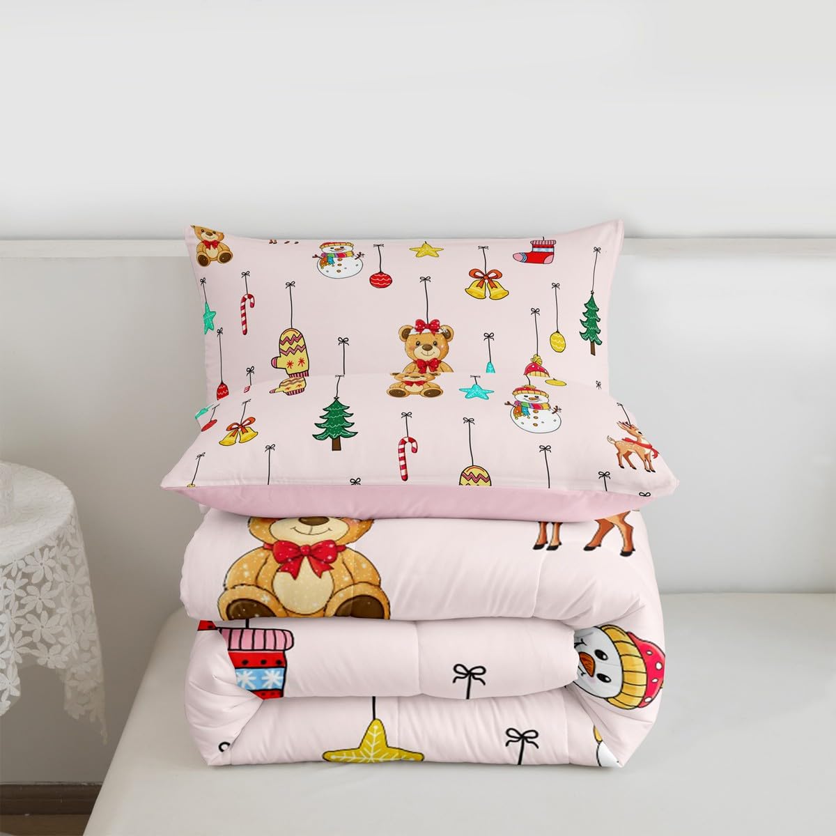 Homewish Różowy świąteczny zestaw kołdry w rozmiarze King Size - uroczy bałwan niedźwiedź dzwonki zestaw pościeli dla dzieci nastolatków lampki świąteczne zestaw kołdry - skarpety choinkowe bez