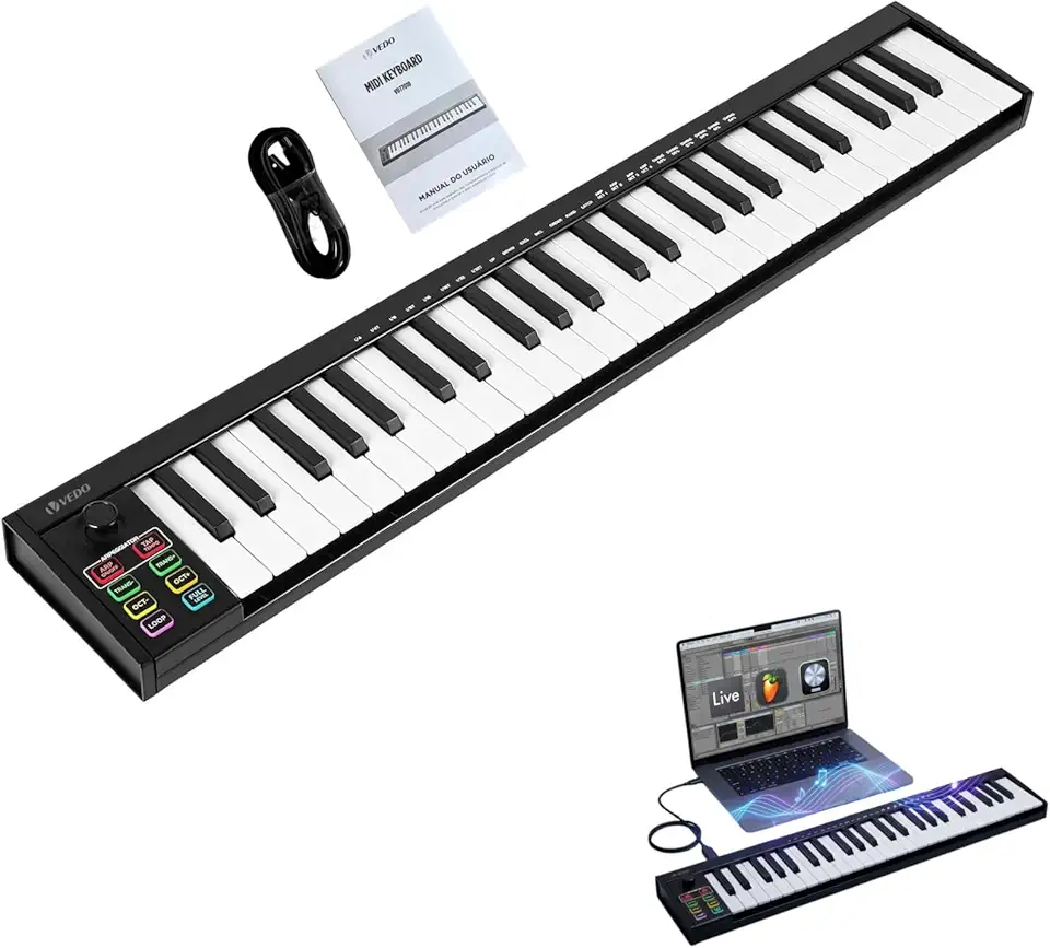 VEDO Teclado MIDI 49 Teclas Profissional Semi-Pesado, com Controlador MIDI USB, 8 Pads de Bateria, 8 Knobs e Display OLED, Integração DAW, Modulação de Altura e Vibrato, Perfeito Para Produção Musical