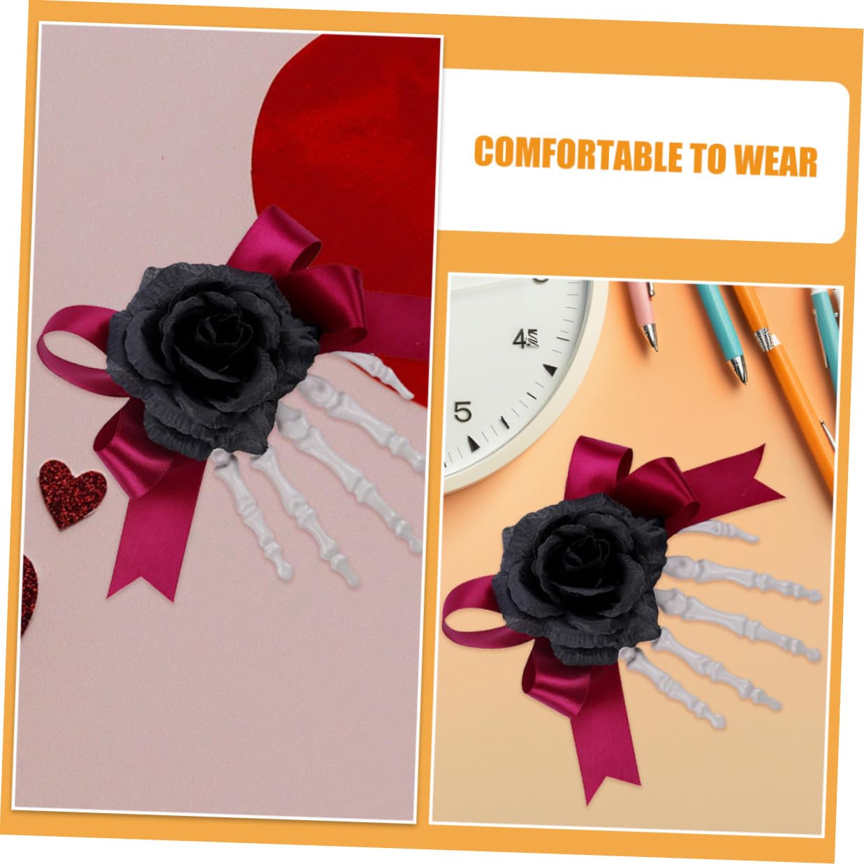 Operitacx Skeleton Hand Hair Clips with Black Rose, Halloween Hair Accessories for Women, Decorative Bone Hand Barrette for Halloween Parties and Costume Styling