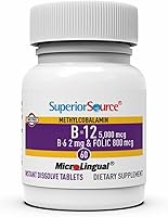 Vista 4 de Superior Source No Shot Vitamina B12 Metilcobalamina (5000 mcg), B6, ácido fólico, tabletas sublinguales de disolución rápida, 60 unidades, aumenta