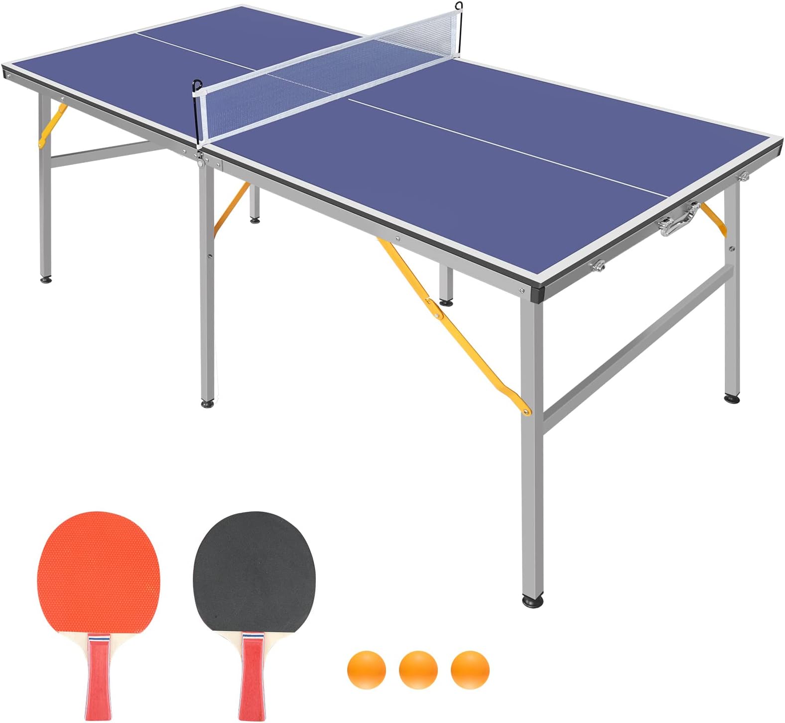 6ft Mid-Size Table Tennis Table Foldable & Portable Ping Pong Table Set for Indoor & Outdoor Games with Net, 2 Table Tennis Paddles and 3 Balls,blue