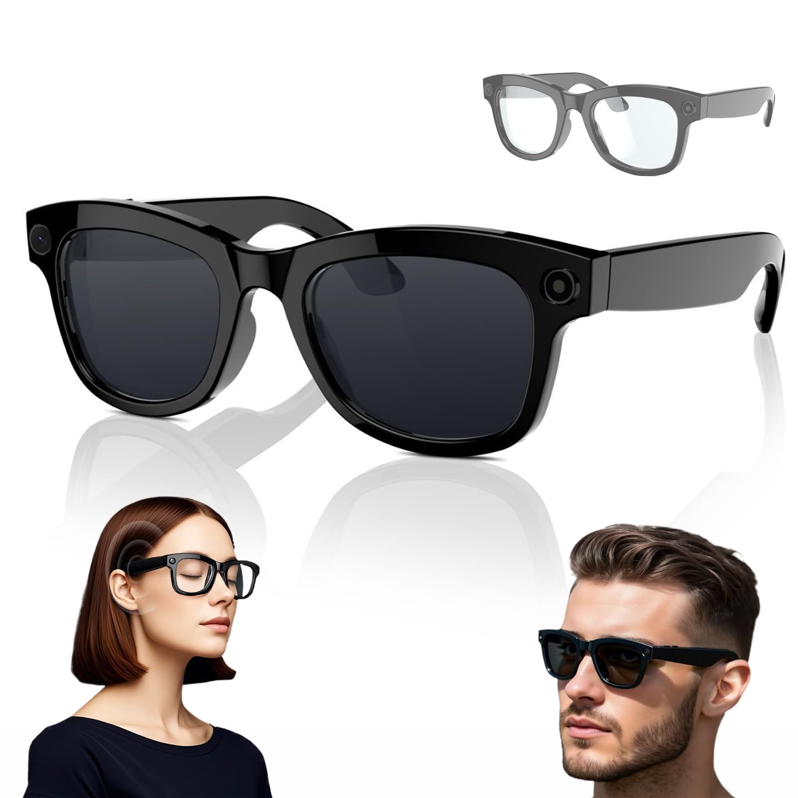 1080P HD Gafas Inteligentes Para Grabar Videos, Con Wi-Fi/Bluetooth 5.3, Cámara Ultra Gran Angular De 5MP Y Control De Voz Con IA, Gafas Portátiles Con Bloqueo De Luz Azul(Black+hyaline)