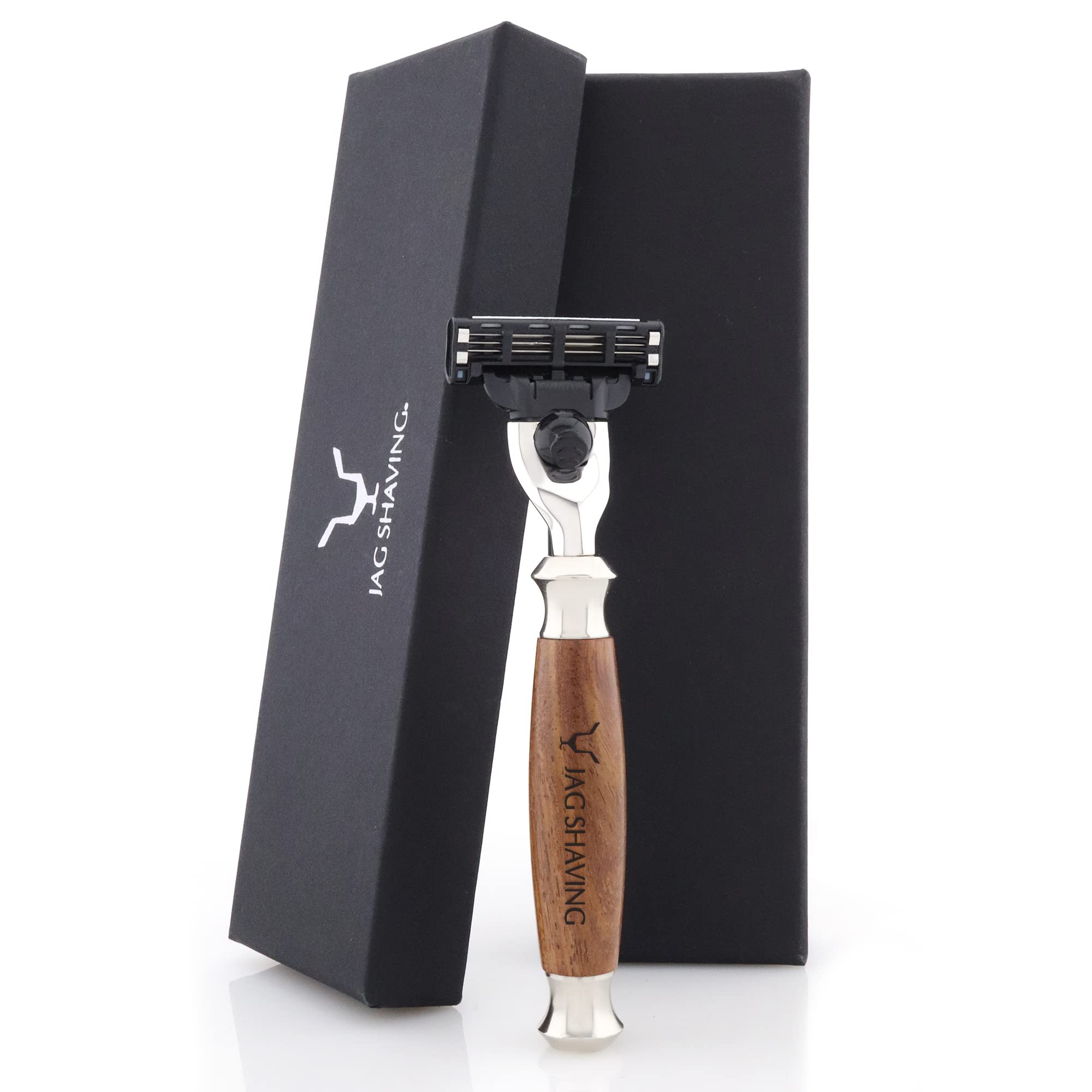 Jag Shaving Rasierset - JAG's LEE Range 5-teiliges Rasierset - Super Dachshaar Rasierpinsel - 3 Rasierklingen Rasierhobel - Rasierständer aus Edelstahl und Holz - Rasierschale - Holz Set