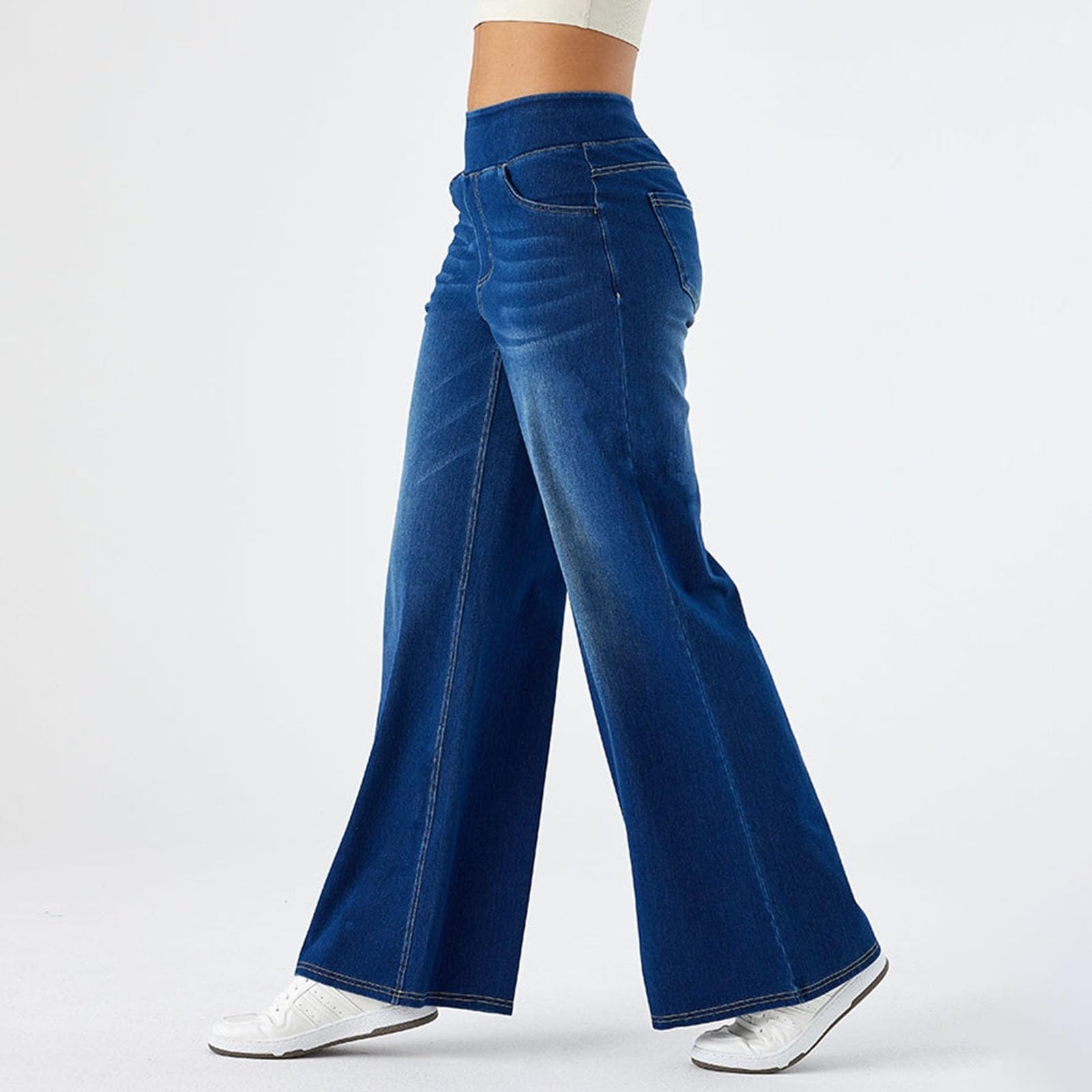 Generisch Jean 2026 à jambes larges pour femme - Taille haute - Extensible - Coupe droite