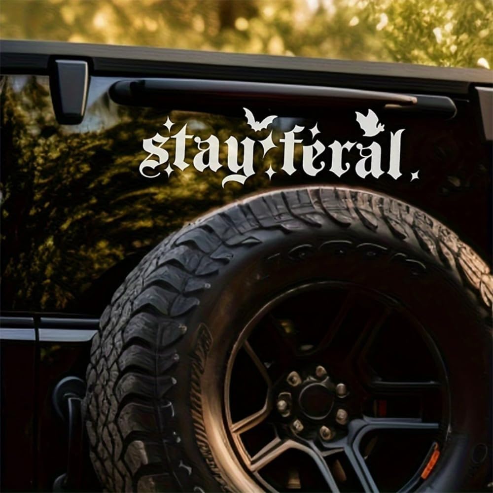 2PCS Stay Feral Car Bumper Stickers - Gothic Style Car Decals with Bat Accents - 7.9"x2.3" Angry Driver Sticker for Car Windows,Motorcycles-Road Rage Humor Decoration | #AZ14 (White)