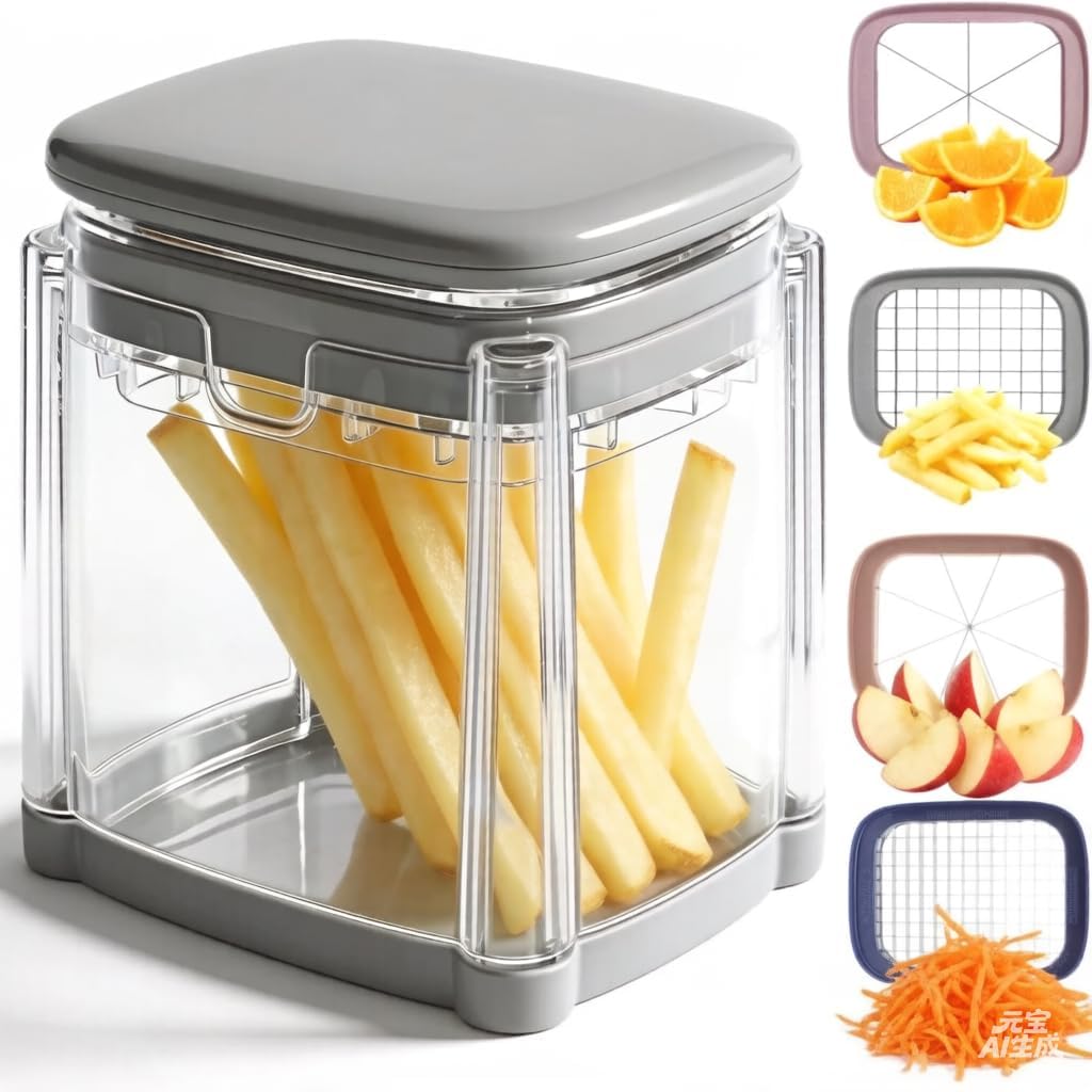 4-in-1 French Fry Cutter & Vegetable Chopper, Potato Cutter with 4 Stainless Steel Blades, Apple Slicer, Veggie Dicer for Carrots, Cucumbers, Onion & Tomato, Kitchen Mandoline Slicer (Gray)