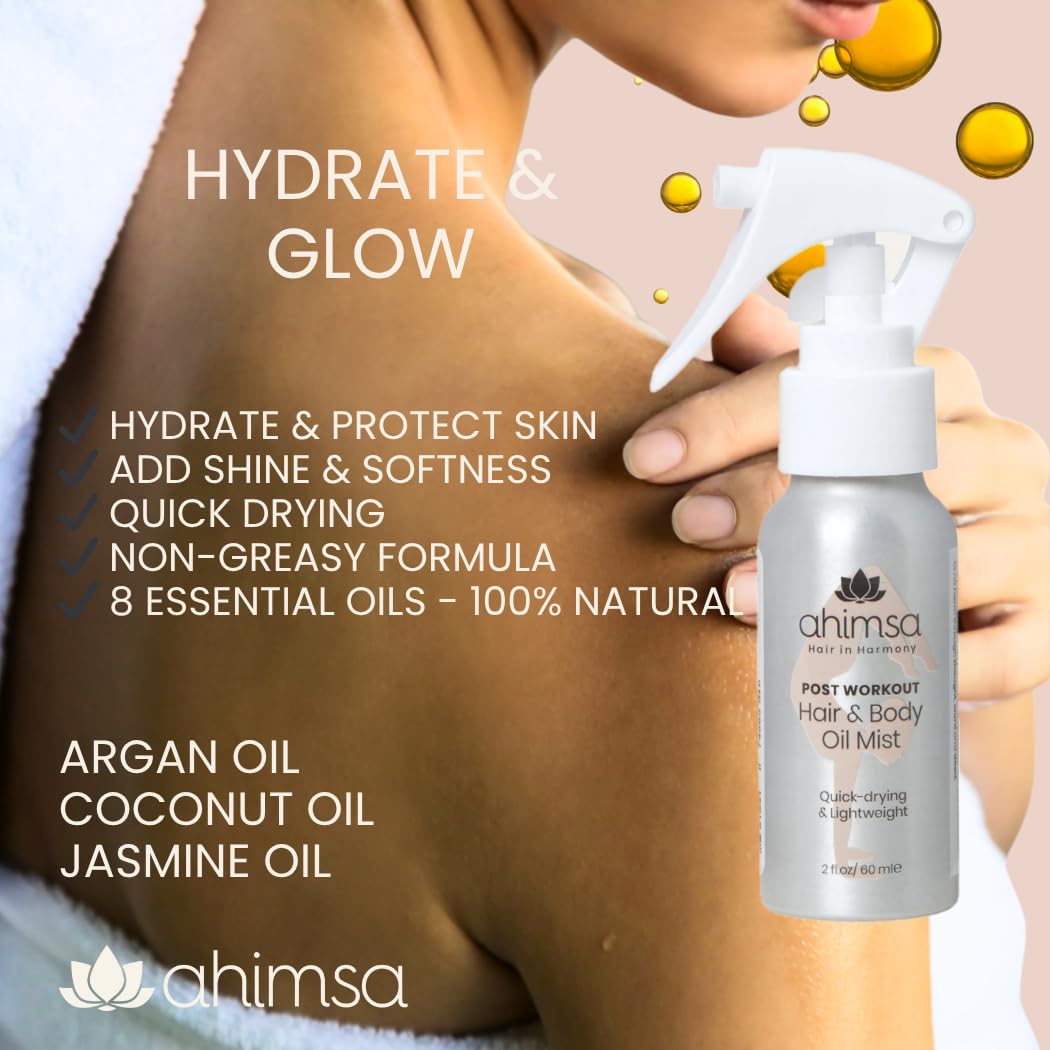 Ahimsa Vegan Hair Oil Spray & Body Glow Oil – Fast-Drying, Non-Greasy with Coconut, Amla & Argan Oils – Dry Oil for Shiny Hair, Soft Skin – Natural, Silicone-Free, Cruelty-Free