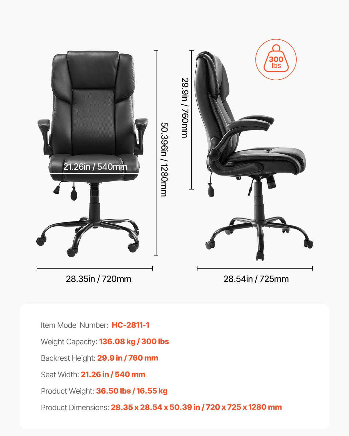VEVOR Sedia Girevole da Ufficio con Braccioli Ribaltabili Cuscino Lombare, Poltrona Direzionale Ergonomica, Sedile da Ufficio in Pelle PU, Carico max. 136,08 kg Altezza Regolabile, Sedia da Studio
