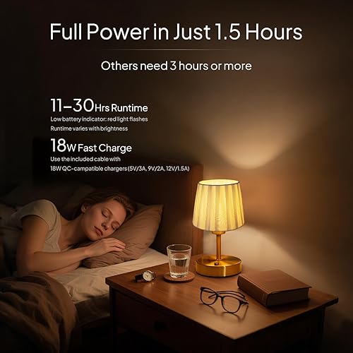 Miniatura 3 de Lámpara de mesa inalámb recargable EppieBasic carga rápida, larga duración, luz cálida de 2700 K, diseño plisado negro vintage para sala de estar y
