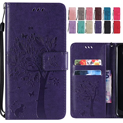 Ougger Funda Huawei Mate 20 Lite Carcasa, PU Piel Billetera Cuero Magnética Protector Suave TPU Silicona Tapa Cover para Huawei Mate 20 Lite con Ranura para Tarjetas, Gato y árbol (Púrpura) Cover