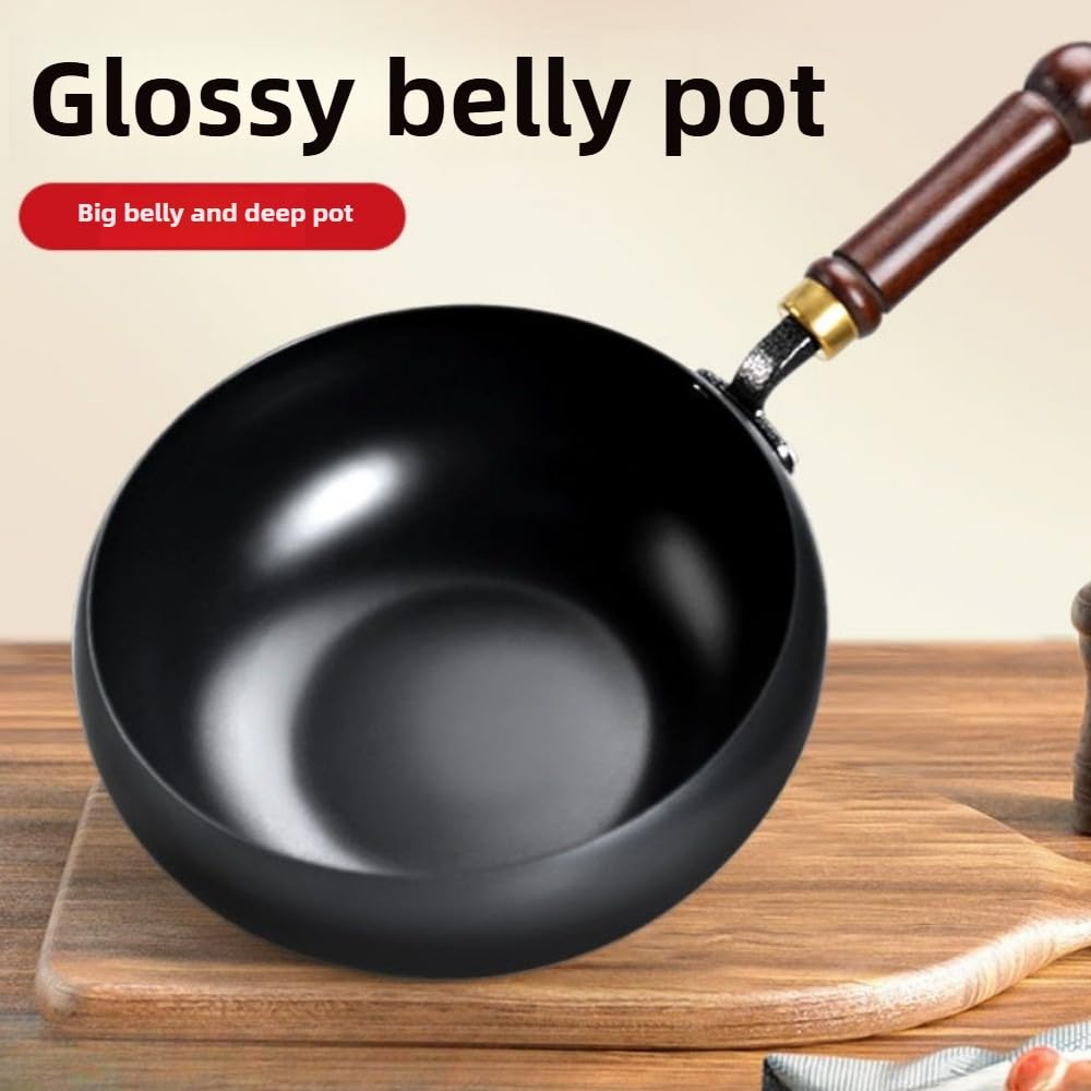 Tradycyjny czarny żeliwny wok z drewnianym uchwytem, garnek do brzucha o głębokości 28 cm, błyszczące wykończenie, zawiera drewnianą pokrywkę, metalową szpatułkę