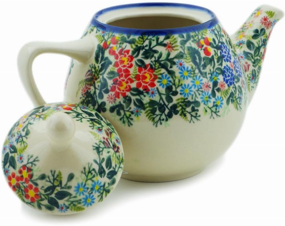 Polmedia Polish Pottery Tea or Coffee Pot UNIKAT - New Life Pattern Handmade in Boleslawiec Poland + Certificate of Authenticity