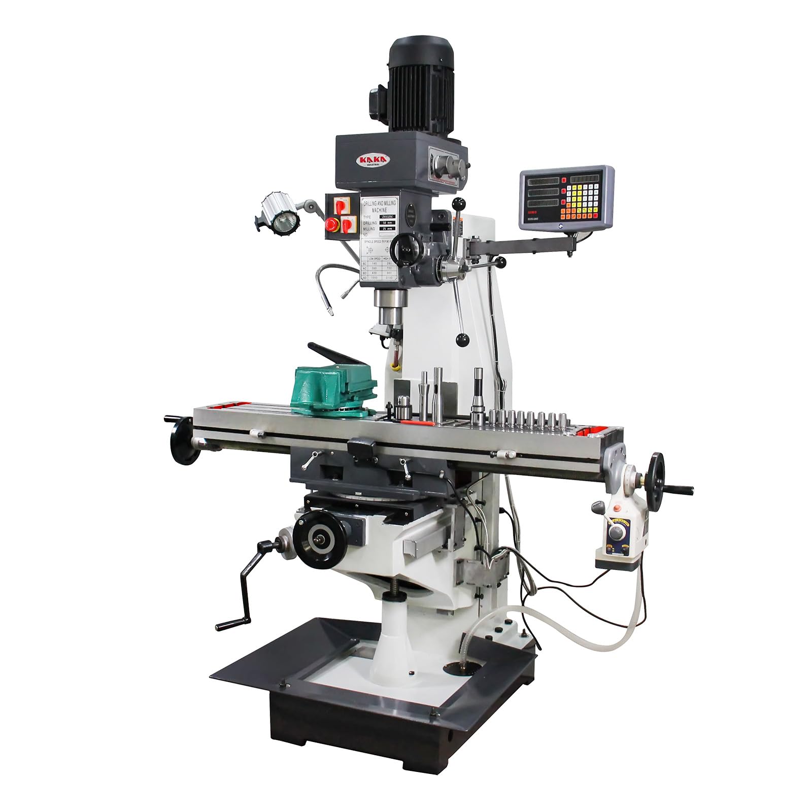 KAKA INDUSTRIAL Mill Drill Machine, 50 inch x 10 inch Worktable,3 Axis DRO Auto Feed Table, 45° Swivel Milling Head, 1.5KW 230V/460V 3PH Power,ZX-5325C