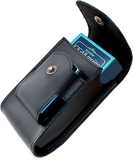Boshiho Cowhide Leather Cigarette Case with Lighter Holder Tobacco Pouch Best Gift for Men Women (Black)