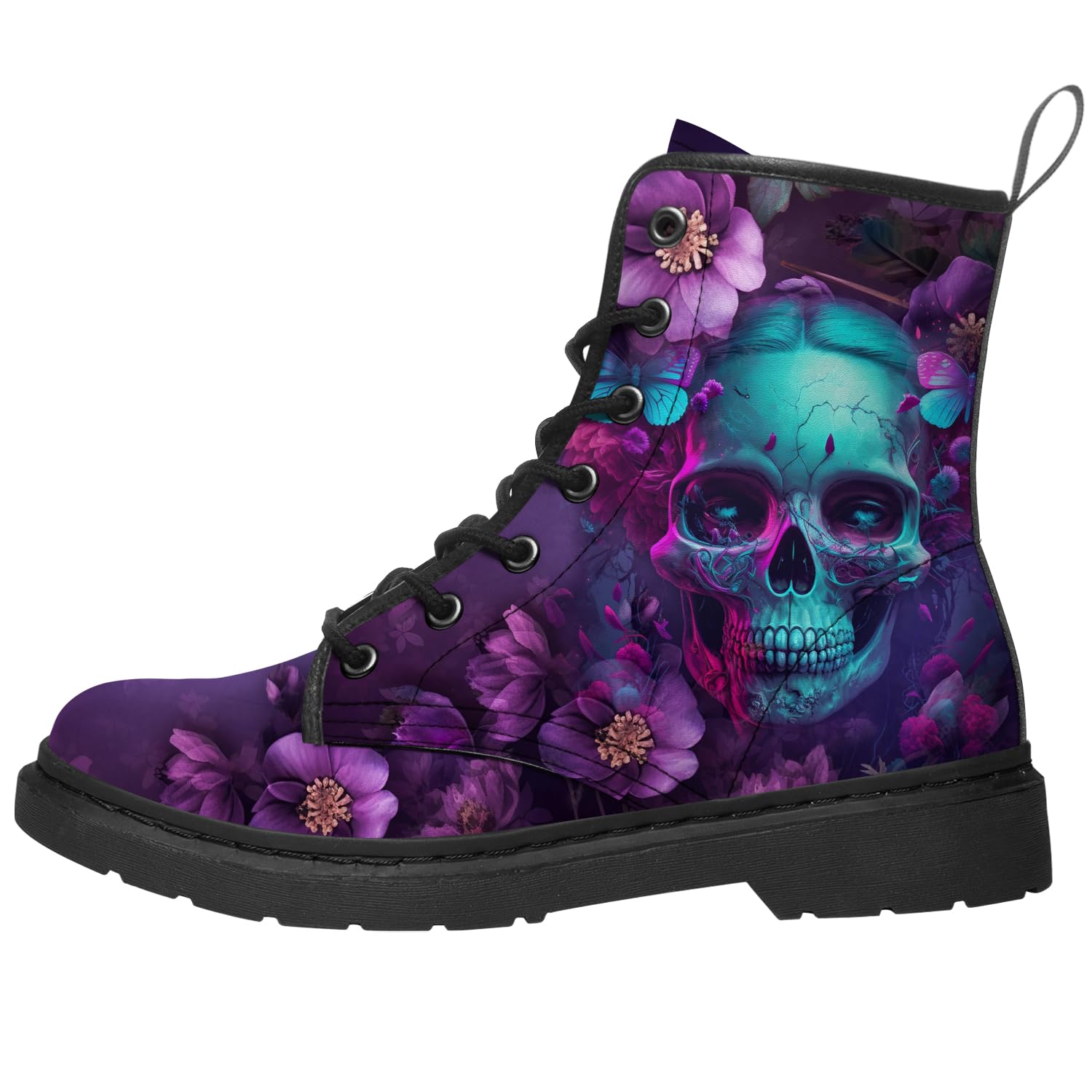 Flower Skull Boots Womens Mens Combat Boots PU Leather Lace Up Ankle Booties Gifts for Her Him