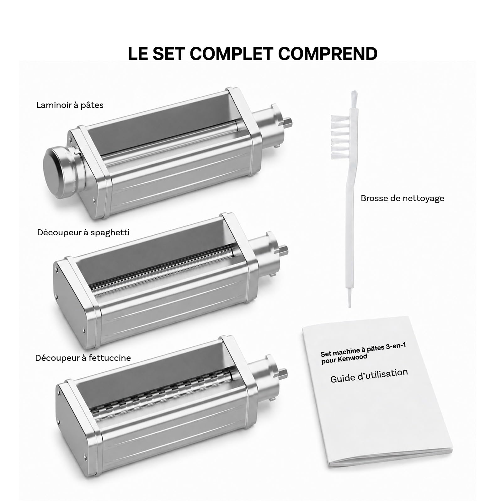 Accessoire à Pâtes pour Kenwood 3 pcs – Pour Robots Pâtissiers, Rouleau à Pâtes, Coupe-Spaghetti & Coupe-Fettuccine – Accessoires en Acier Inoxydable Avec Adaptateur Inclus par MMOBIEL