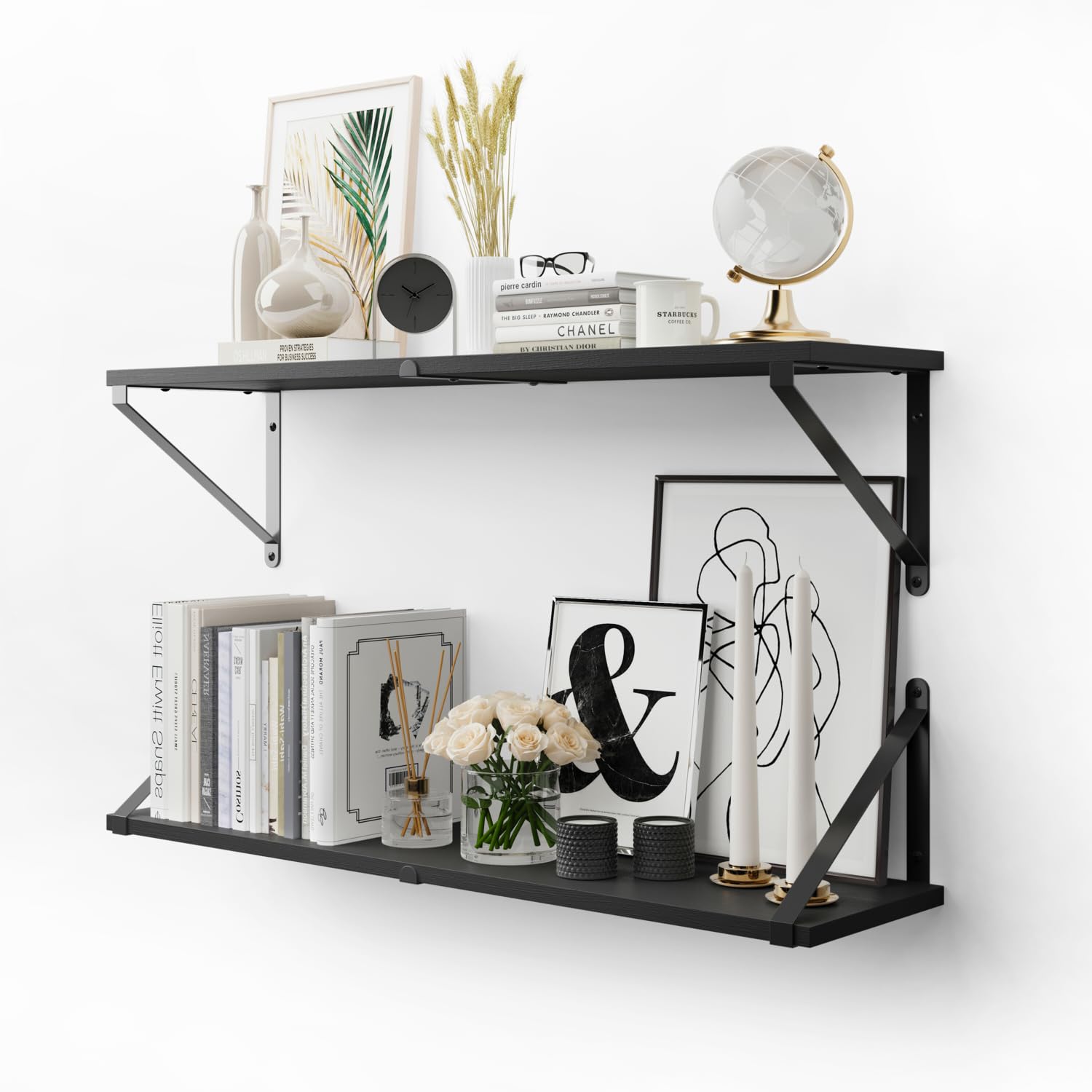 CASSA ZENO Estantes Flotantes de Pared para Libros Juego de 3, Estante de 80cm x 20cm para Dormitorio Sala de Estar Oficina Baño Cocina Madera Rústica con Soporte de Metal (Negro)