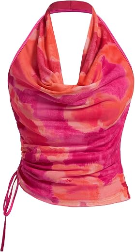 SHENHE Women's Tie Dye Halter Neck Draped Front Ruched Drawstring Backless Crop Top