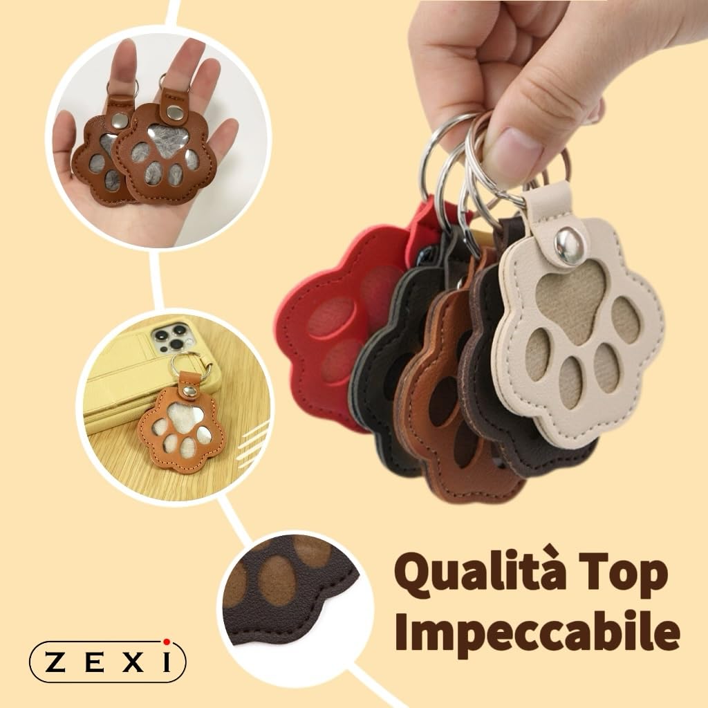 ZEXI 4 Portachiavi Raccogli Pelo per Cani e Gatti, Set da 4 Porta Pelo a Forma di Zampa per Pelo Animale, Accessorio per Cani Gatti, Pelle PU, Nero, Rosso, Marrone, Bianco