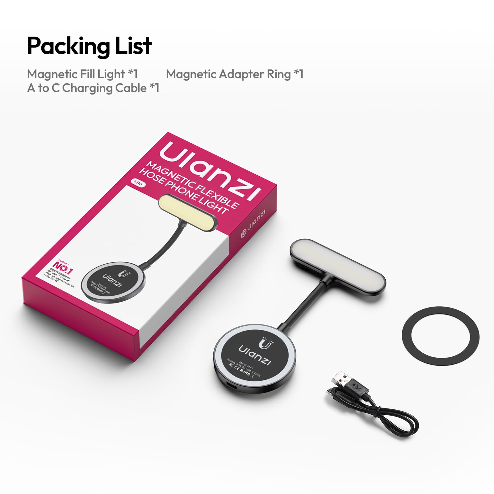 ULANZI M10 Magnetische Leseleuchte; Flexible LED Selfie Licht, Mini Handylicht mit 5-stufig dimmbarem warmweißem Licht als Buch und Kameraleuchte für iPhone/Android/Kindle