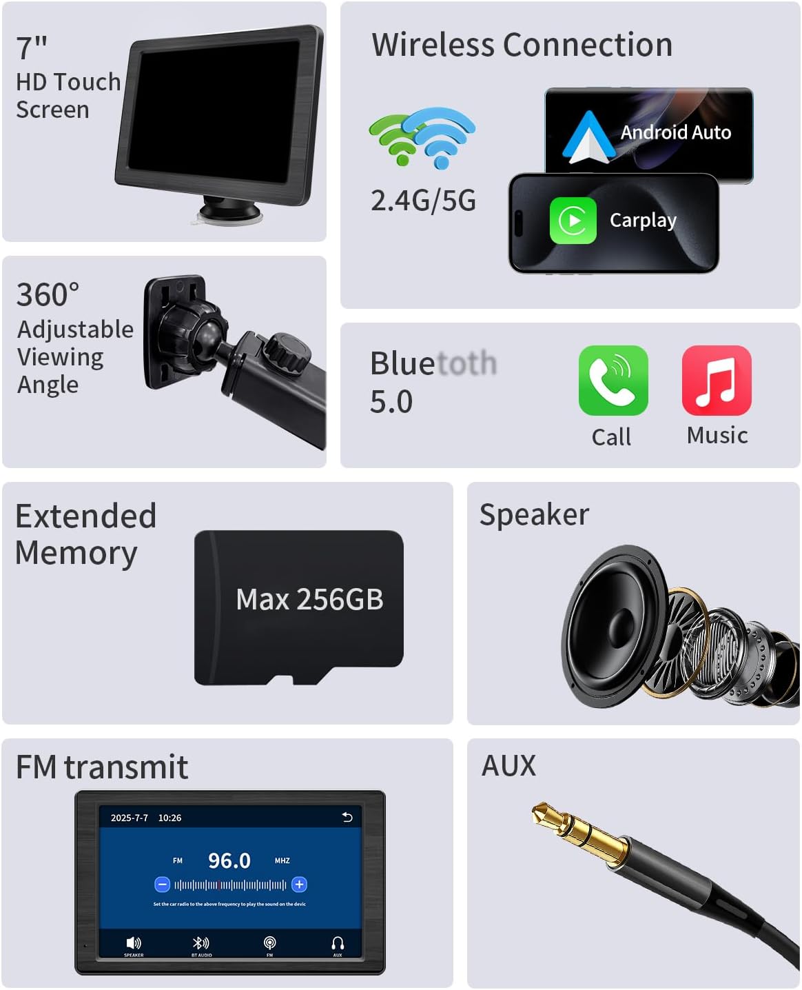 Portable Apple Carplay Screen for Car, 7" HD Car Stereo Touchscreen with Wireless CarPlay & Android Auto, Mirror Link, Bluetooth, Voice Control, Memory Card Playback, AUX - Fits All Vehicles