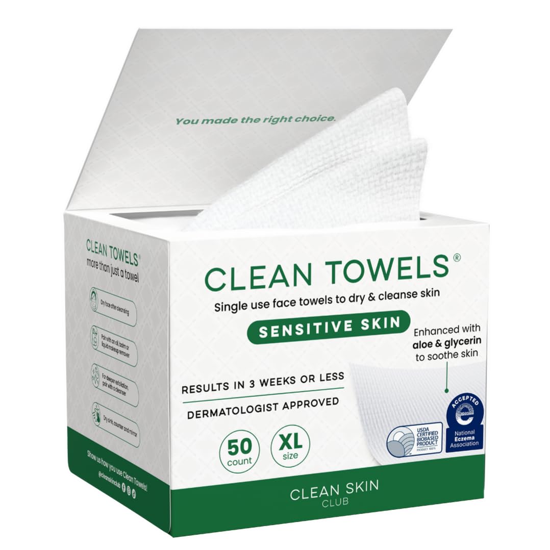 Clean Skin Club Clean Towels XL Sensitive Skin Ultra-Soft Disposable Face Towels Infused with Aloe Glycerin Dermatologist-Approved Towels