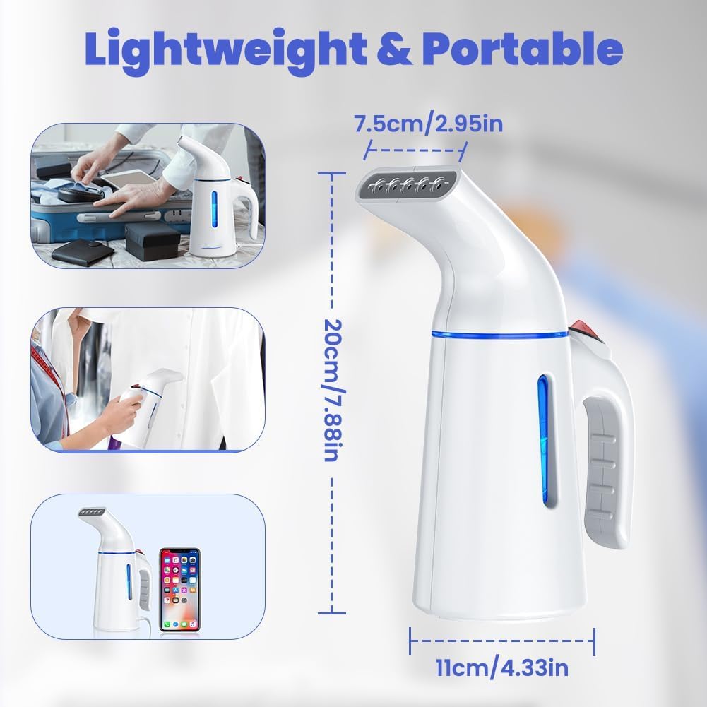 Vaporizador para ropa de 700 W, calentamiento rápido en 40S, vaporizador de ropa con tanque de agua de 4.7 fl oz, vapor penetrante fuerte de 0.88 oz/yd², plancha de vapor de mano para viajes y 7