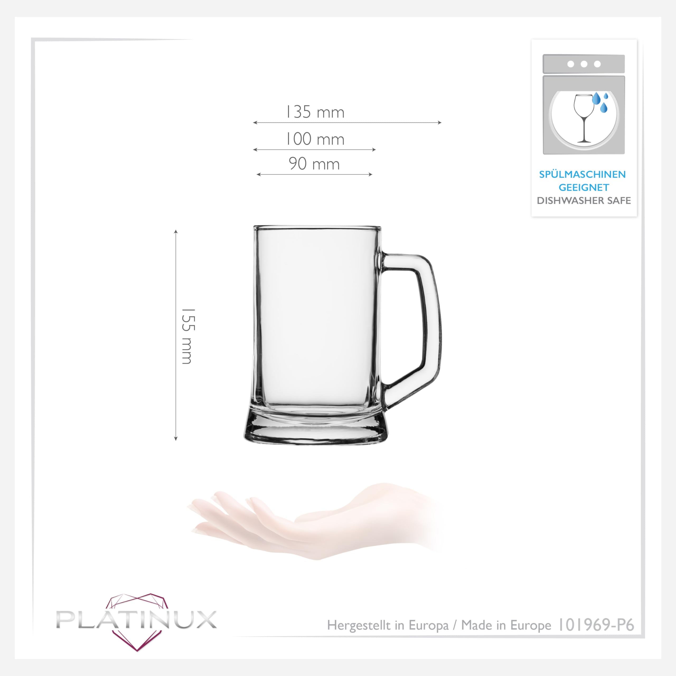PLATINUX vasos de cerveza de 0,5L con asa juego de jarras de cerveza 6 piezas con patrón de ornamento, clásico