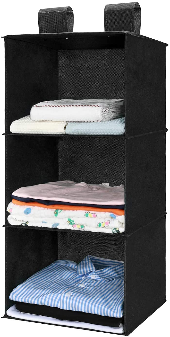 HOME CODIFY INDIA Three/Four Shelf Foldable Closet Hanging Organizer, Three/Four Tier Closet Wardrobe Organizer, Clothes Storage Hanger (3 Shelves, Black) ,Fabric