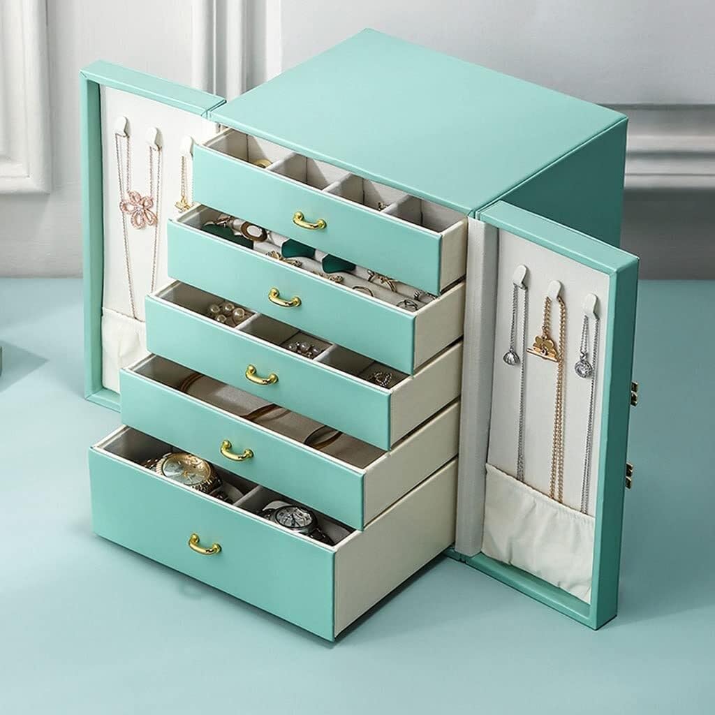 Joyero Organizador con 5 cajones y Puertas Dobles, Estuche de Cuero para Guardar Anillos, Pendientes, Collares y Relojes.