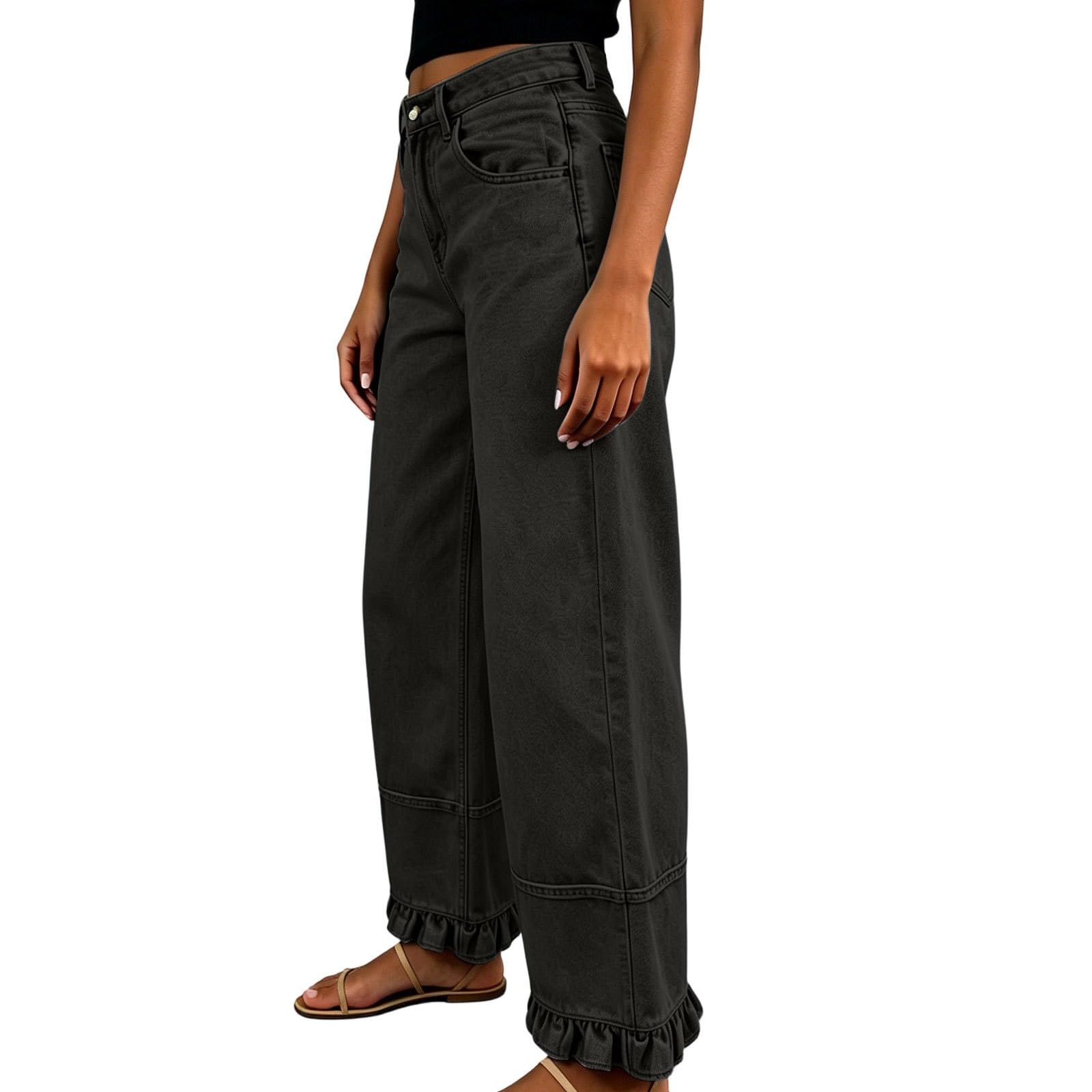 Jeans da donna taglie forti, jeans da donna a vita alta, gamba larga | Eleganti pantaloni in denim con volant, stile patchwork, stile Harajuku, per il tempo libero, per adolescenti e ragazze