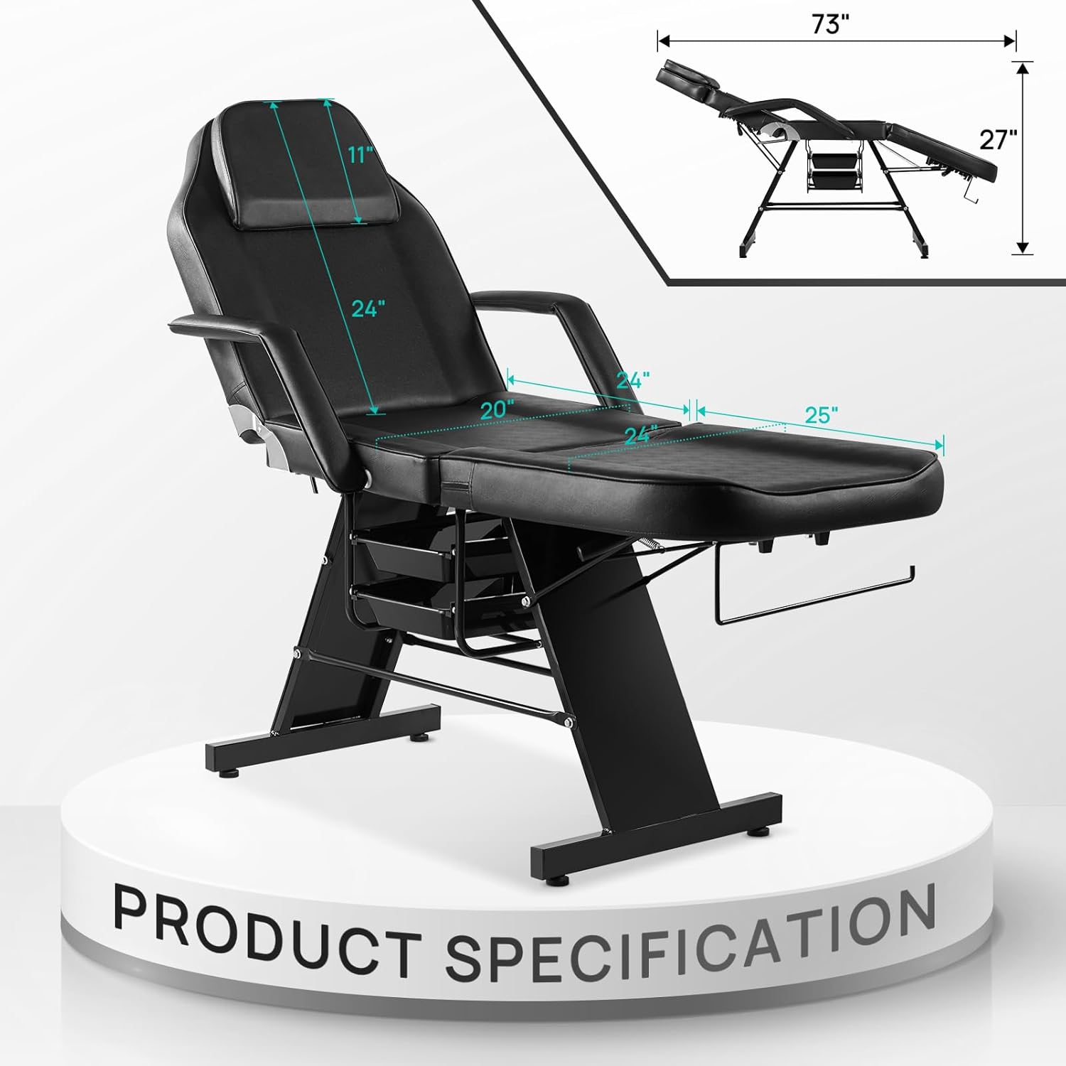 Facial Chair, Tattoo Chair for Client 73 Inch Beauty Spa Bed w ith Massage Equipment Stool Removable Headrest for Esthetician, Artist, Lash Bed Black