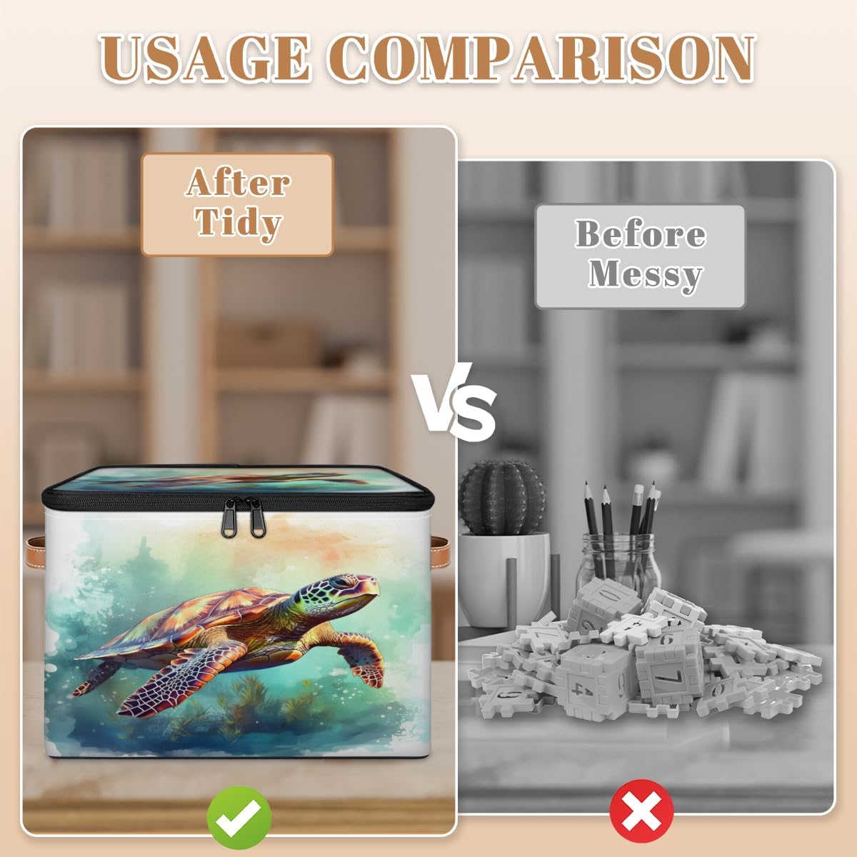 Storage Bin Set of 2 Watercolor Turtle Storage Basket with Zipper Lid & Handle Foldable Closet Shelf 2 Pack Cloth Organizer Basket Cube Bins Clothes Organizer for Nursery, Bedroom