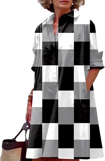 LIZALIG Womens Button Down Shirt Dress-Summer Casual Loose Fit with Pockets Roll-Up Sleeves for Beach Office