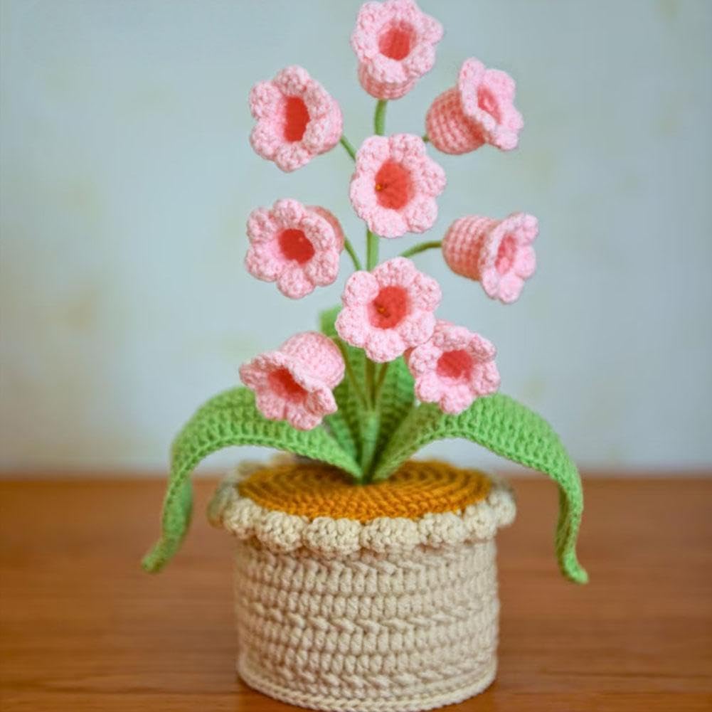 Handmade Crocheted Lily of The Valley LED Lantern, Crochet Artificial Flowers with Night Lights, Cordless Table Lamp, Cute Gifts for Women Wife Girlfriend Birthday Christmas Valentine Mother's Day