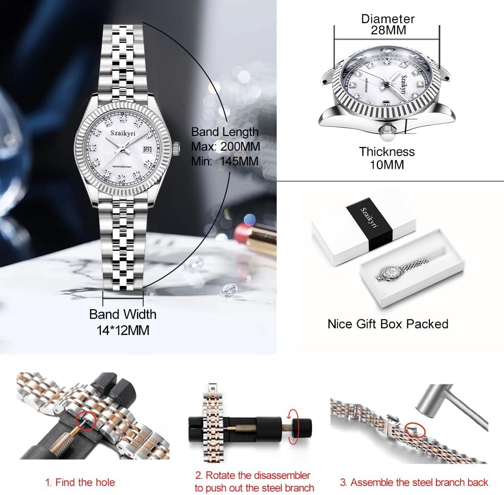 Classic Watch for Women with Solid Stainless Steel Band and Calendar Water Resistant - Image 6