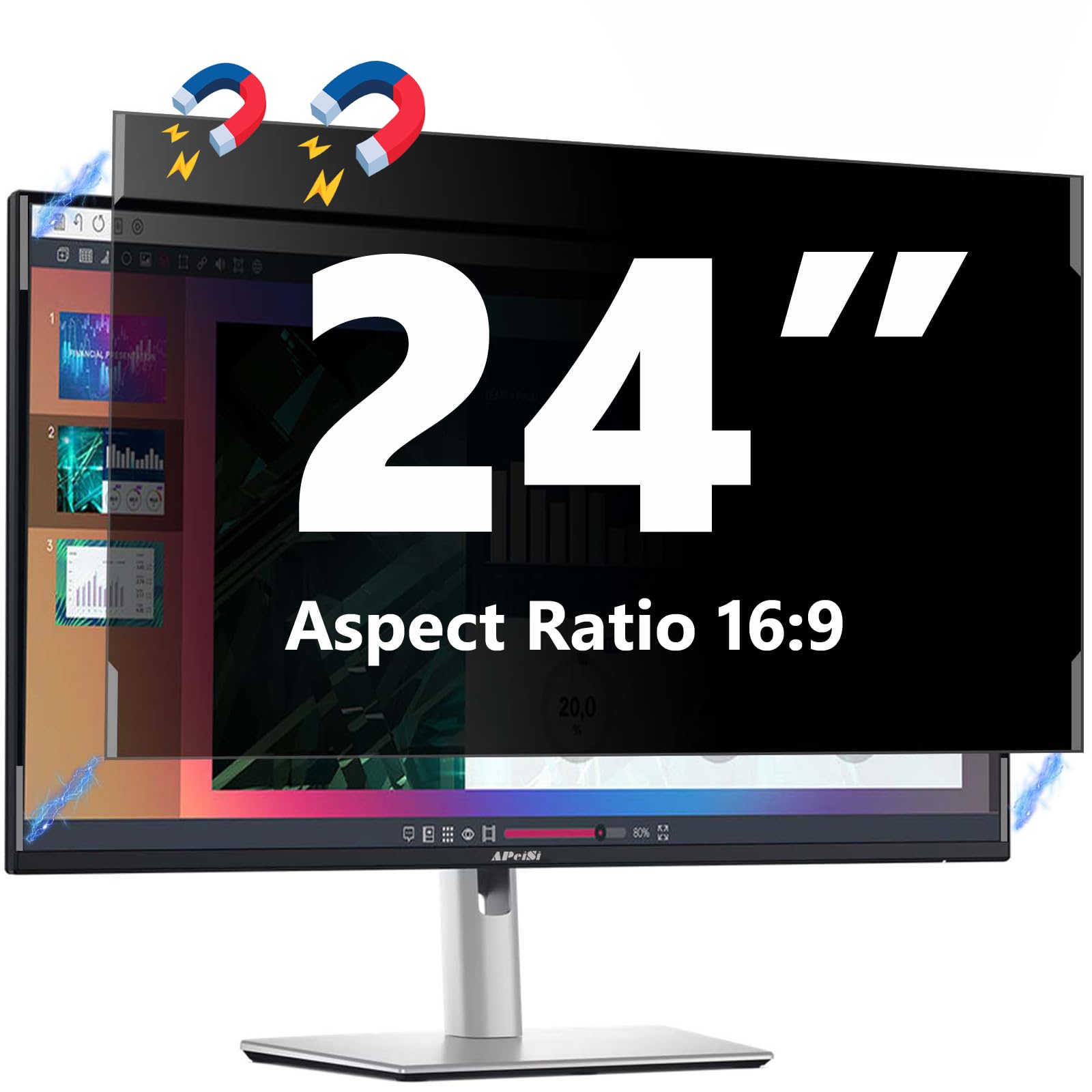 24 Inches Magnetic Computer Privacy Screen Filter | Privacy Shield | Anti Glare & Blue Light Filter | Eye Protection | Snap On | Widescreen 16:9 Edge-To-Edge Monitor Protector