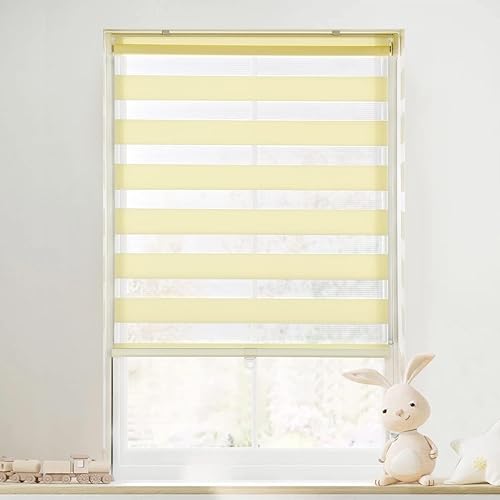 LazBlinds No Tools - Persianas enrollables de poliéster de doble capa con diseño de cebra, sin cordón, sin herramientas, persianas traslúcidas para