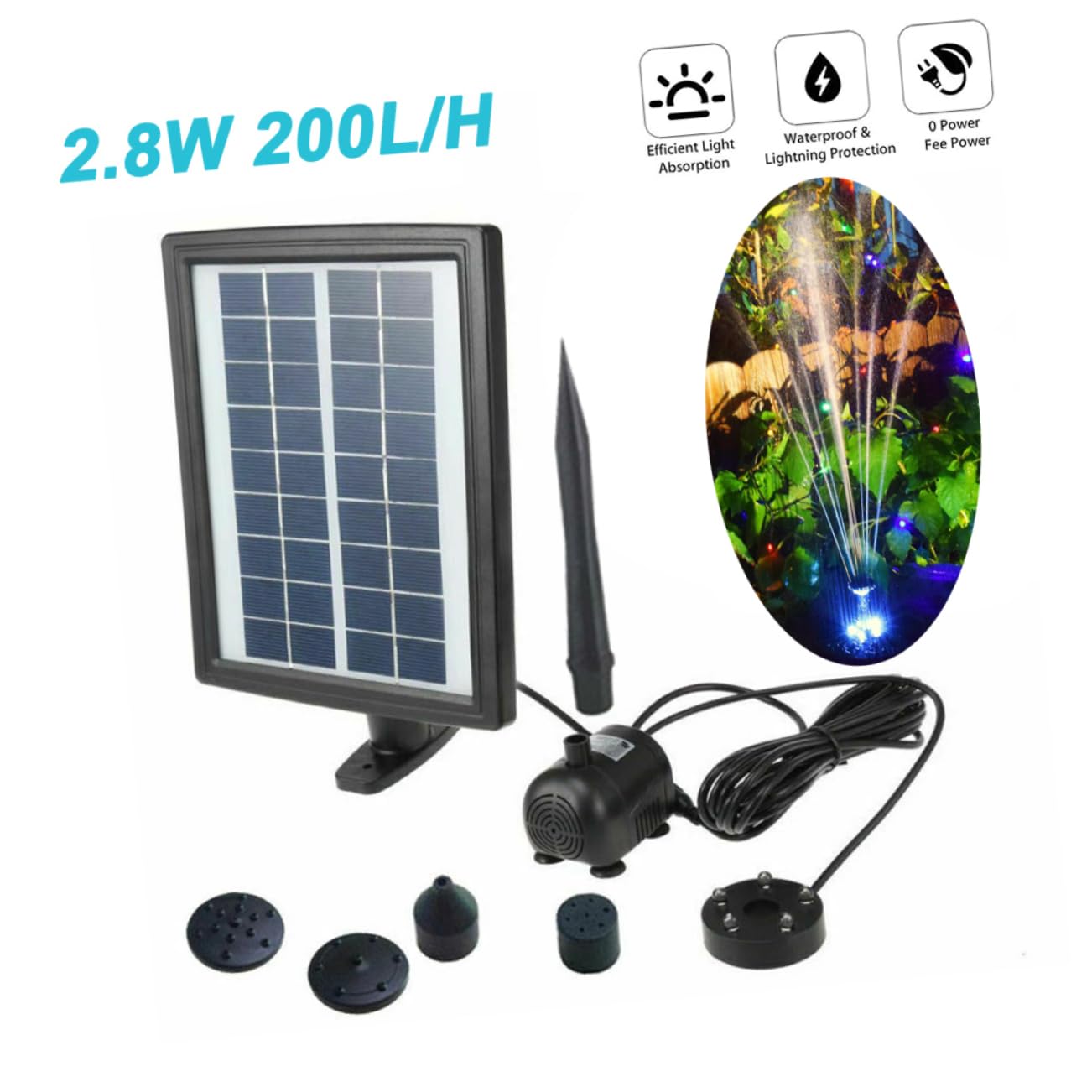 Pompa Fontana Solare 2, 8w LED Nero per Laghetto e Giardino