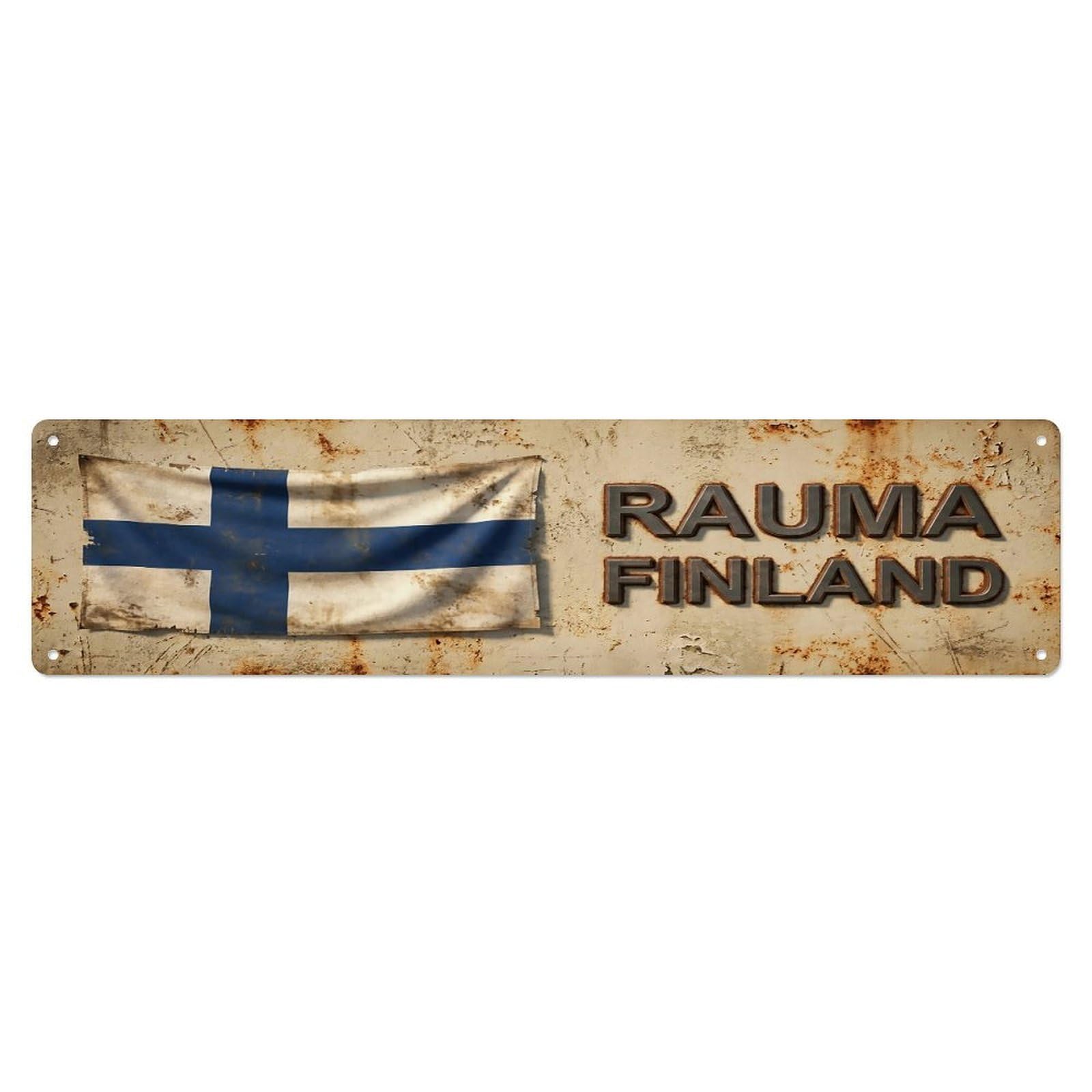 Vintage Rauma Finland Flag Decor Rustic Travel Metal Tin Sign