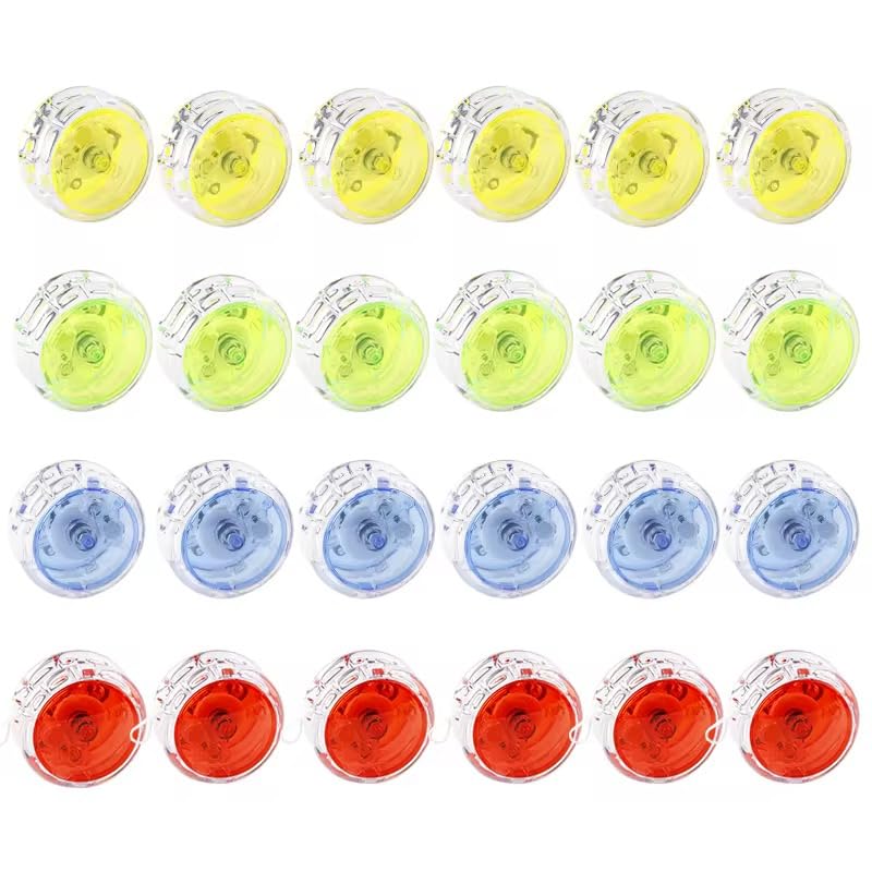 24 YOYO niños Colores LED, cumpleaños, Regalos Clase Colegio, yoyó 4 Colores (Amarillo, Verde, Azul, Rojo), Iluminación Transparente , 24 Unidades, Caja exposicion.