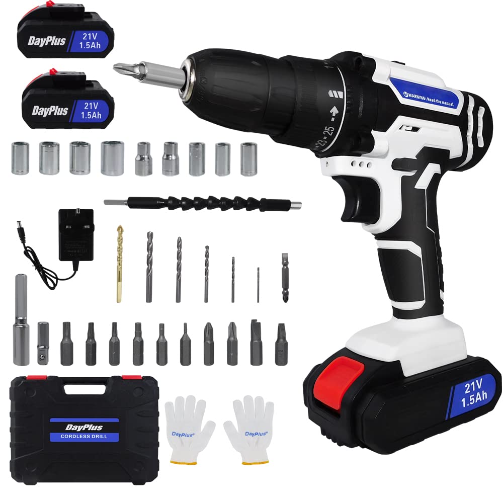 21V Power Electric Drill with 2 Speed, 25+1 Torque 45Nm Max Screwdriver Kit - 3/8" Chuck Handheld Drills Driver with 2x1.5 Ah Li-Ion Batteries, Charger, 26PCS Drill Bits