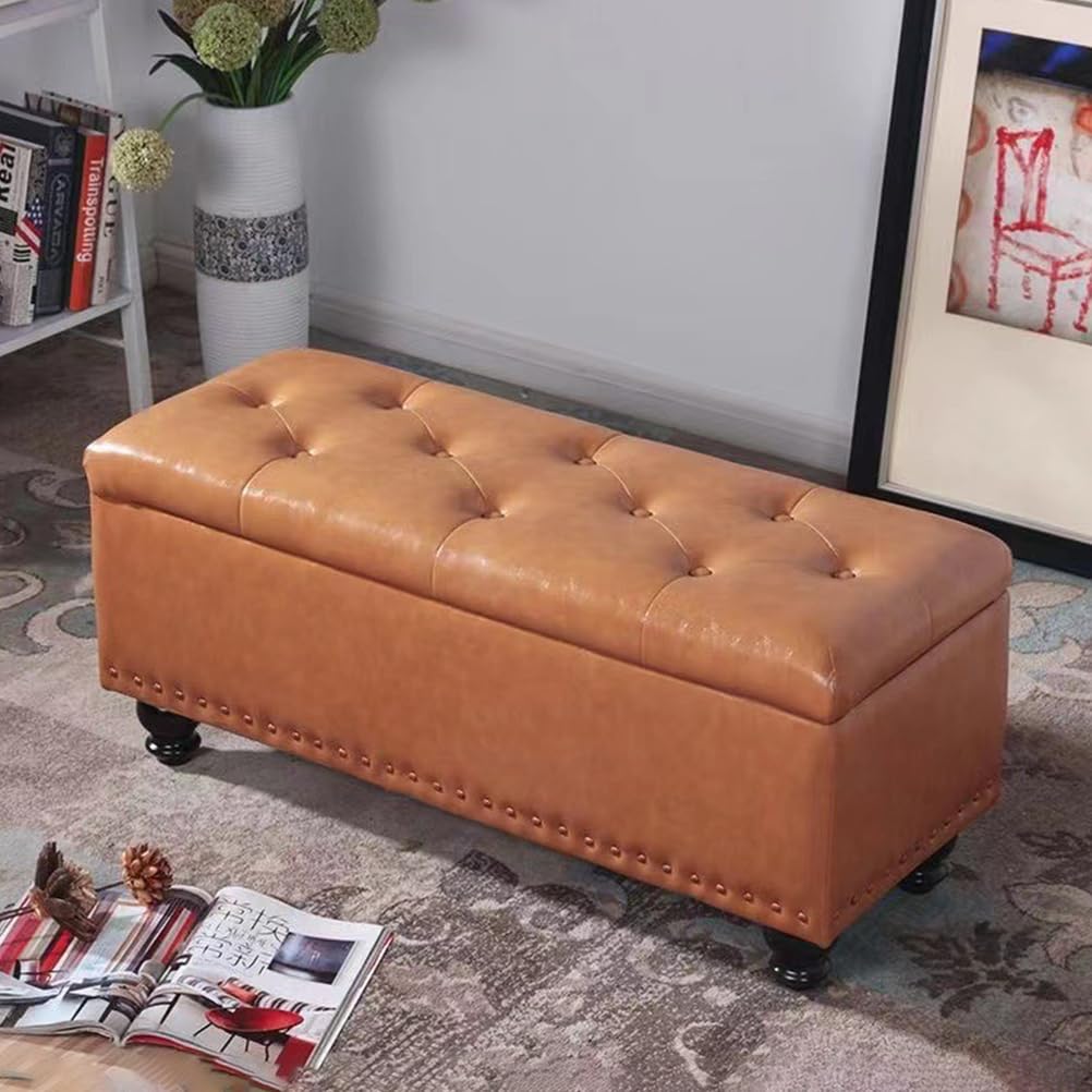 Tabouret de rangement en cuir PU marron et bois massif chic