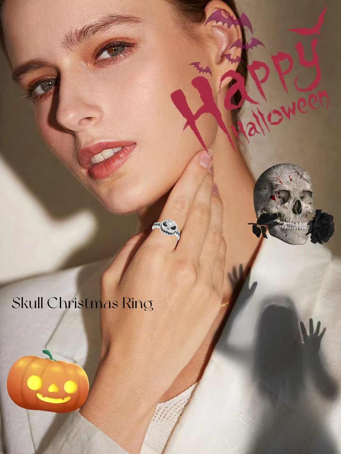 GAUEIOUR Anillo de Navidad de calavera, lindo anillo de Navidad de Halloween, con diseño de calavera de diamante de aceite de goteo, anillo creativo de moda, calabaza y calavera, Medium, Plata